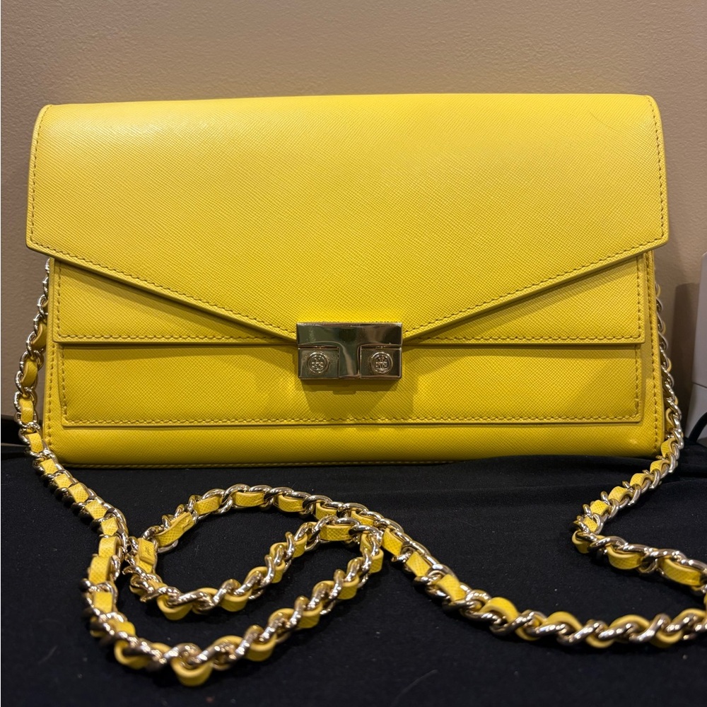 Tory Burch Yellow Saffiano Leather T-Lock Clutch / Crossbody